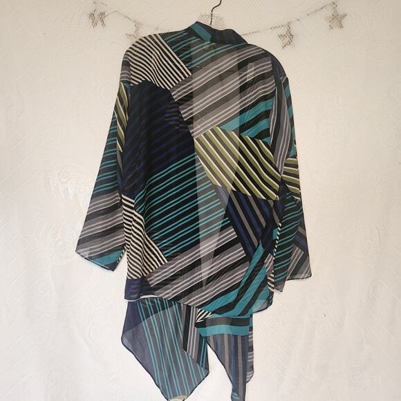 Chenault Large Sheer Open Cardigan Coverup Flowy Striped Asymmetrical Artsy 70s - Picture 2 of 7